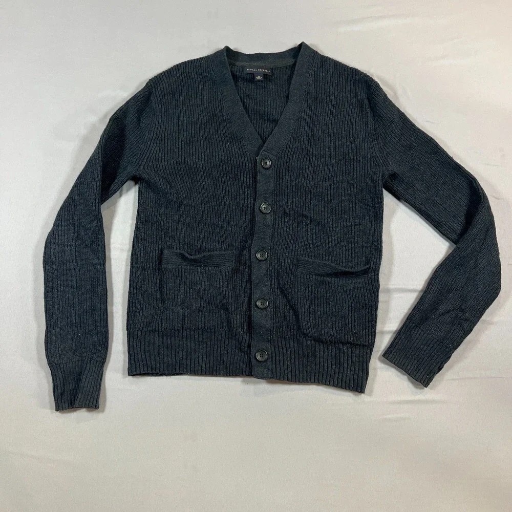 Banana Republic Chambray Cardigan Sweater Mens S Navy Cotton Ribbed Trim V Neck
